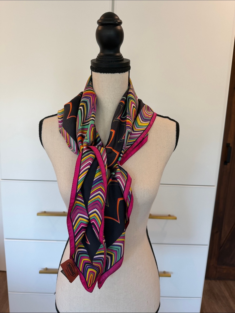 Missoni Multicolor Geometric Silk Scarf in Black & Fuchsia